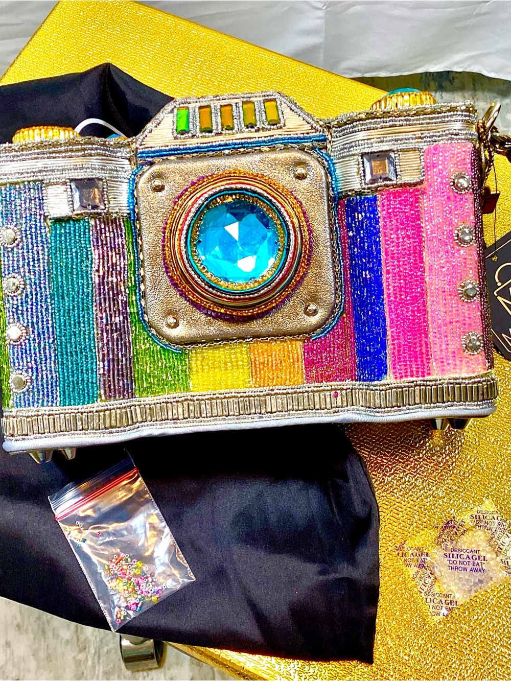 Mary Frances Life in Color Beaded Rainbow Camera Bag with Blue Jewel Lens NWT